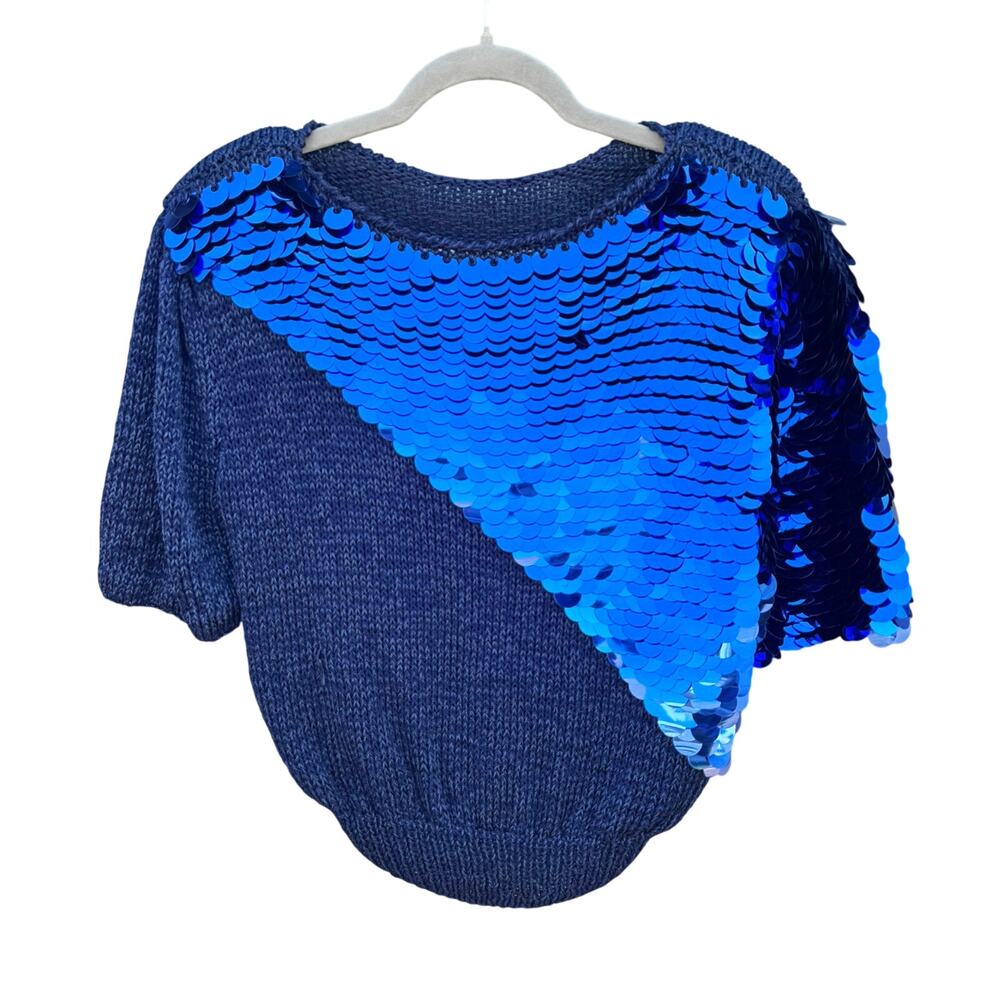 Vintage 80s 90s Paillette Sequin Embellished Blue Top Small S